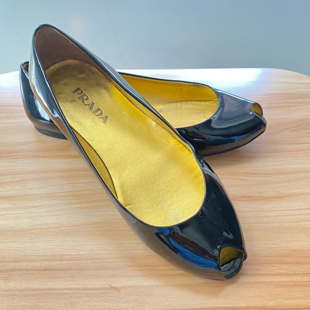Prada peep toe flats black patent leather open toe